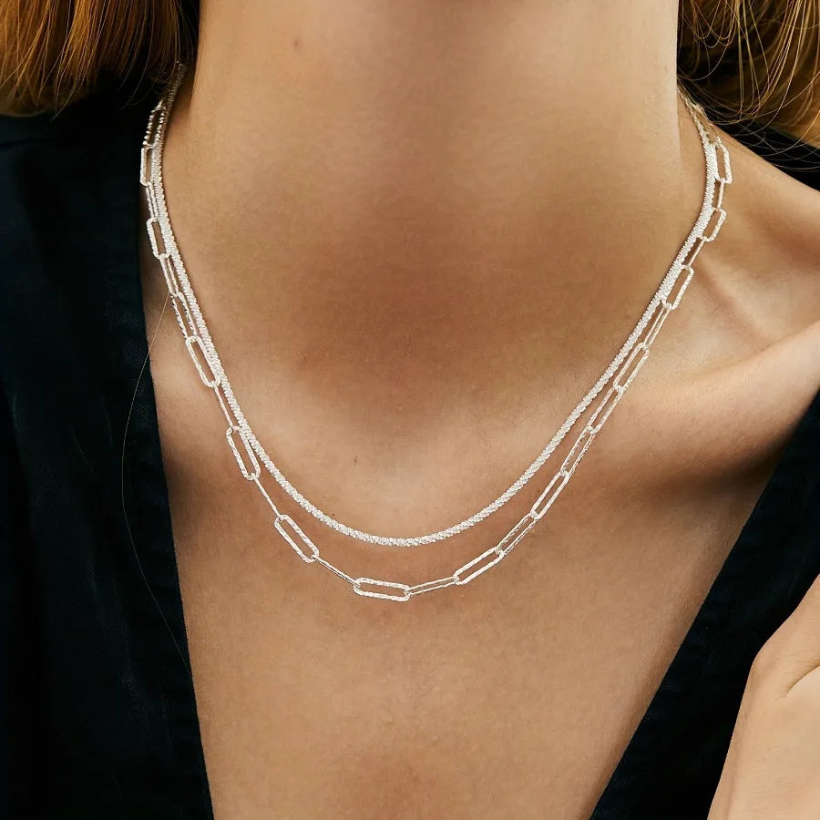 925 Sterling Silver Paperclip Chain Necklace & Bracelet Set