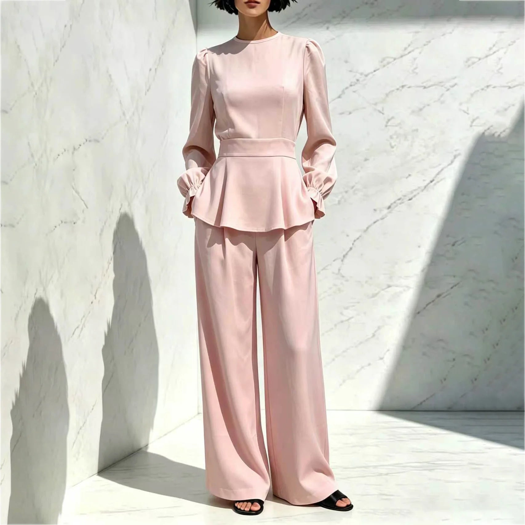 Women spring autumn Elegant 2 Piece Set Round Neck Long Puff Sleeve Flared Hem Top High Waist Wide Leg Pants Office casual Suit