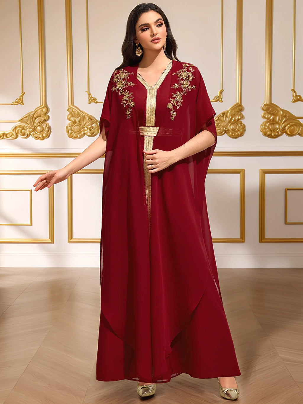 Burgundy Gold-Embroidered Cape-Sleeve Abaya Gown