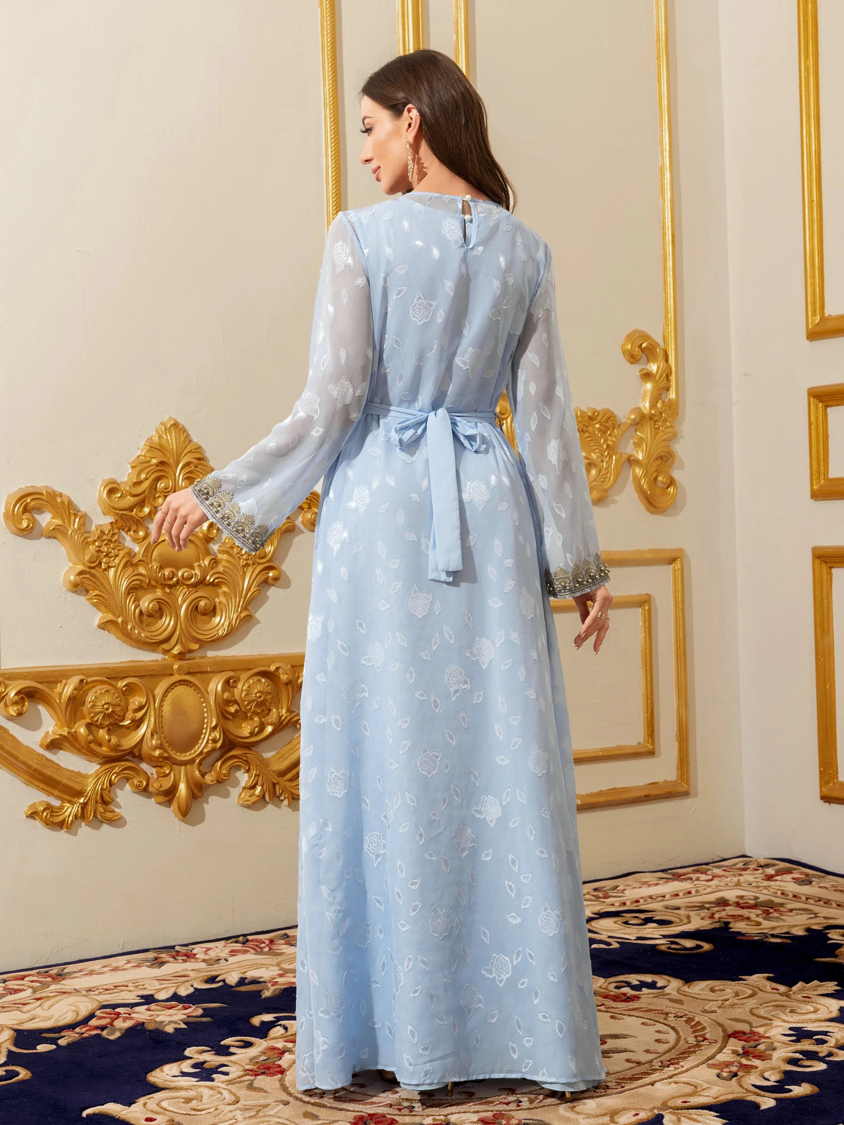 Moroccan Floral Kaftan Abaya with Belt