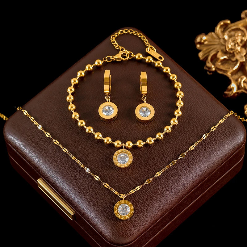 Gold Bead Ball Necklace Bracelet & Earrings Set
