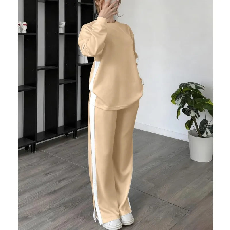 Women's Casual Color Matching Sports Two-piece Set Spring Autumn Fashion Round Neck Top+pants Suit With Slit Design Lady Outfit