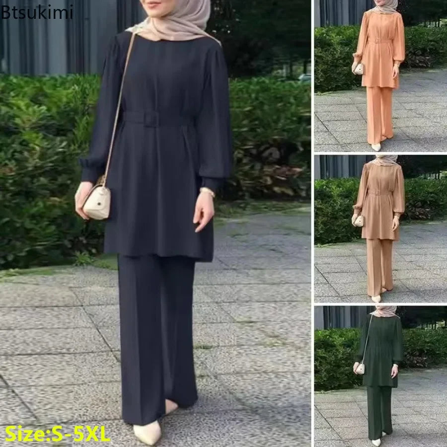 Elegant Muslim Blouse, Belt & Pants Set