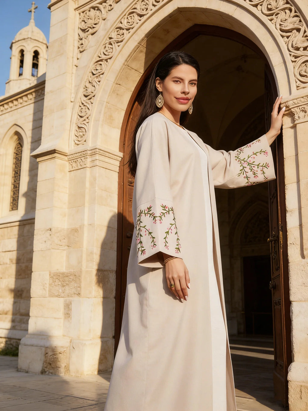 Floral Embroidery Linen Kimono Abaya