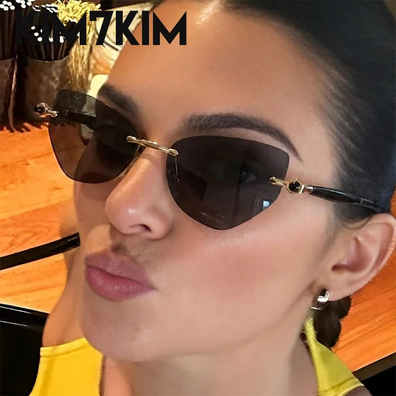 Vintage Rimless Cat Eye Sunglasses Women 2026 Luxury Brand Trendy Punk Polygon Sun Glasses For Lady Retro Outdoor Eyewear Shades