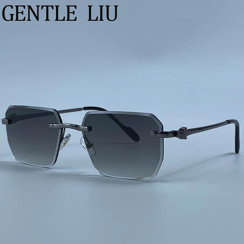 Geometric Square Rimless Sunglasses Women 2026 Luxury Designer Steampunk Leopard Head Metal Sun Glasses Ladies Shades Eyewear
