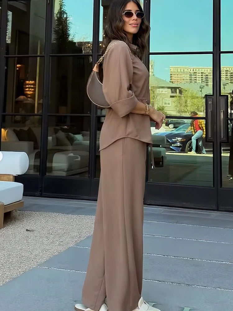 Pant sets Summer Women's Suit Shirts & Blouses Tops Trouser Women's Two Pieces Set Brown Short-sleeved Shirt Female Pantsuit