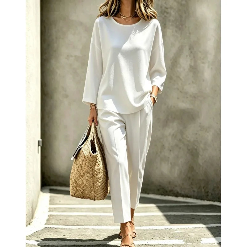 Casual Solid Color Two-piece Set Women's Spring Autumn Simple Round Neck Loose Top+pants Suit Fashion Street Outfit For Ladies