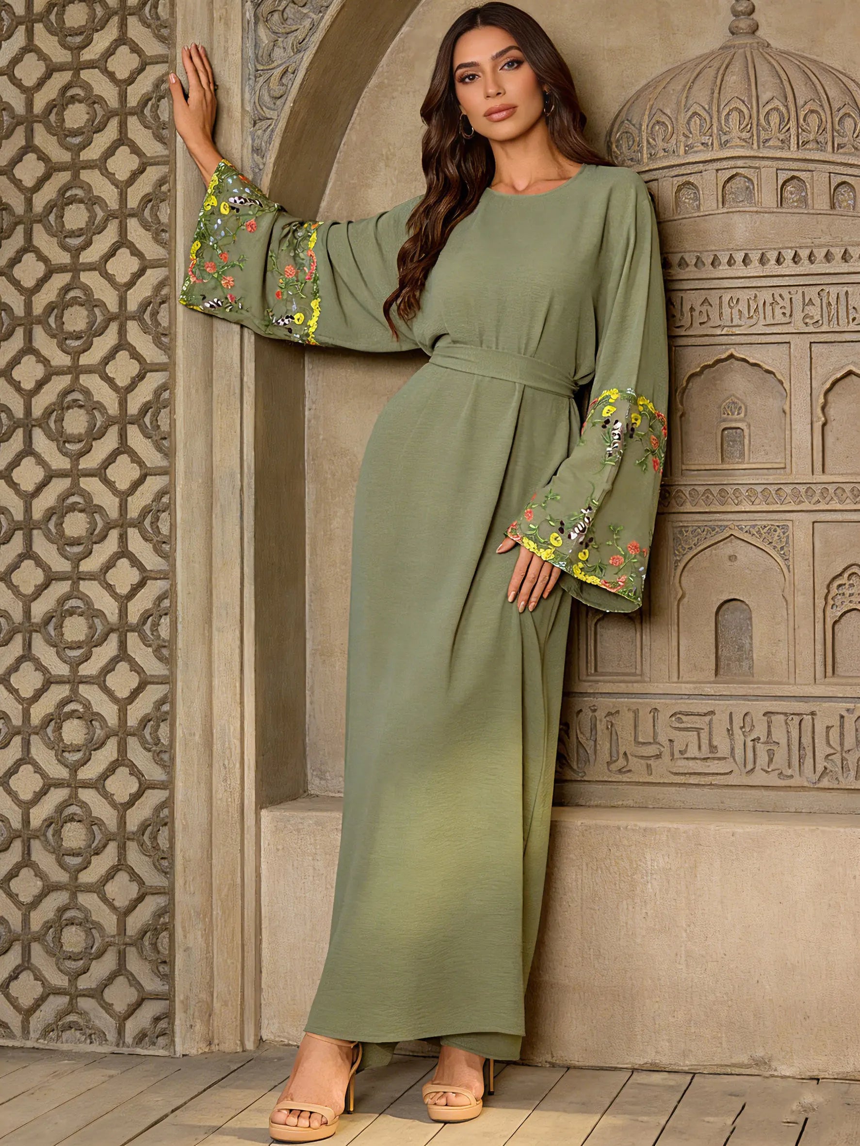 Olive Green Floral Sleeve Embroidered Abaya