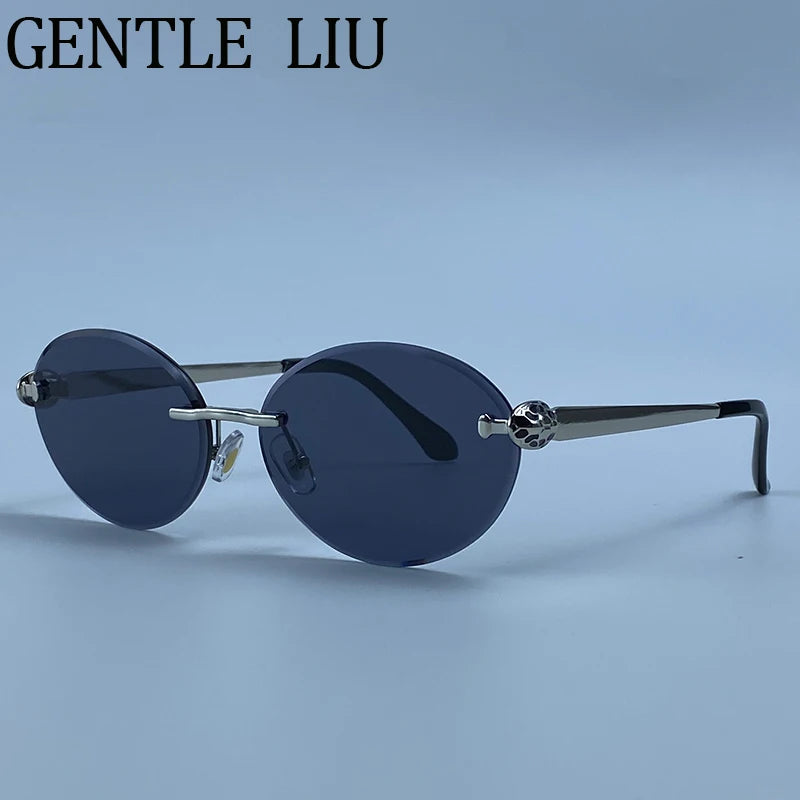 Steampunk Oval Rimless Sunglasses Women 2026 Luxury Brand Vintage Leopard Head Metal Frame Sun Glasses For Lady Driving Eyewear