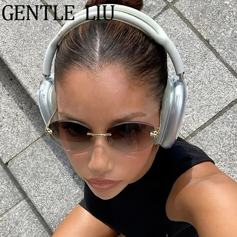 Vintage Hexagon Rimless Sunglasses Women 2026 Luxury Brand Trendy Gold Leopard Head Y2K Punk Sun Glasses Travelling Eyewear