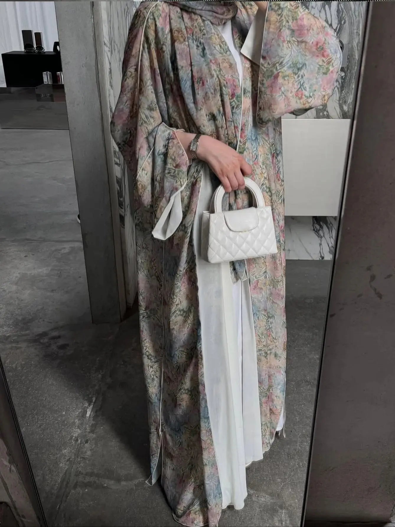 Floral Print Cardigan Abaya with Headscarf