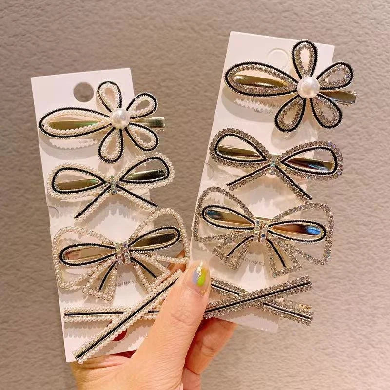 Handmade Pearl & Rhinestone Flower Hair Clips Set