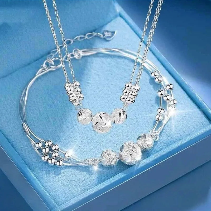 925 Sterling Silver Multi-Layer Beads Necklace & Bracelet Set
