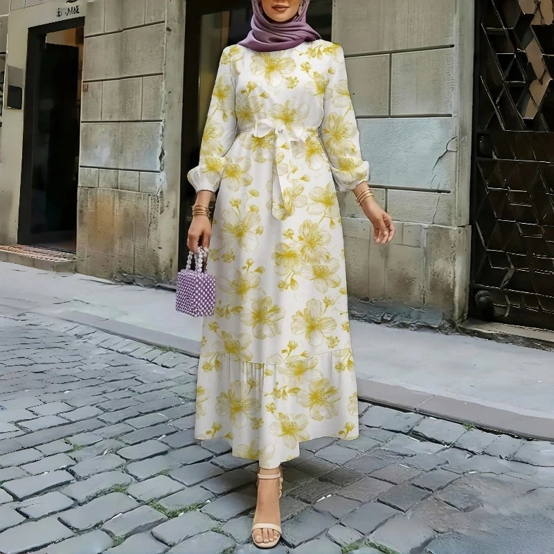 Floral Print Round Neck Ruffle Hem Modest Maxi Dress