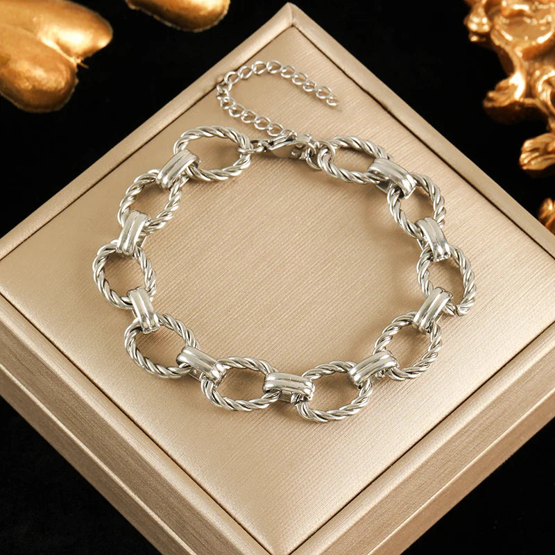 Silver Metal Texture Wrist Chain Bangle Bracelet
