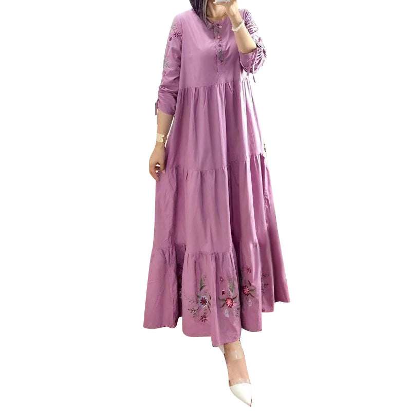Floral Print 3/4 Sleeve Loose Kaftan Maxi Dress