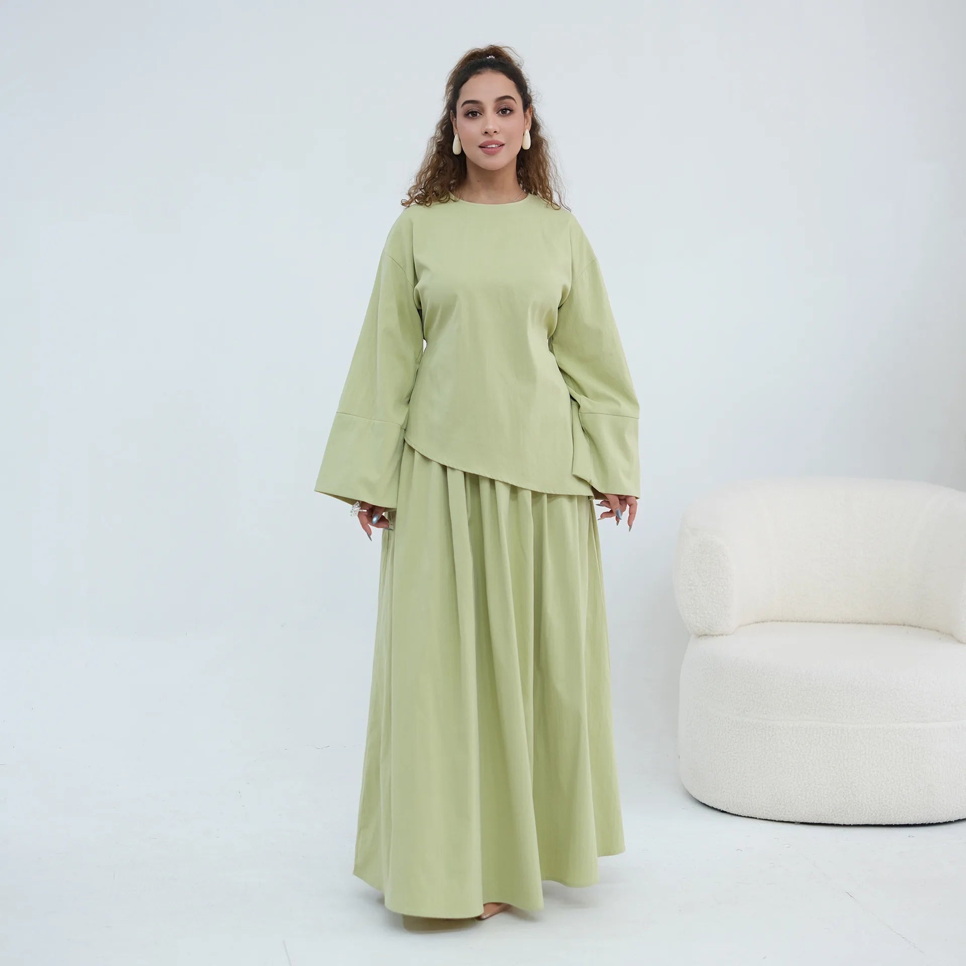 Elegant Women's 2 Piece Abaya Set Muslim Clothing Long Sleeve Top and Pleated Skirt Islamic Traditional Matching Turkey Outfit