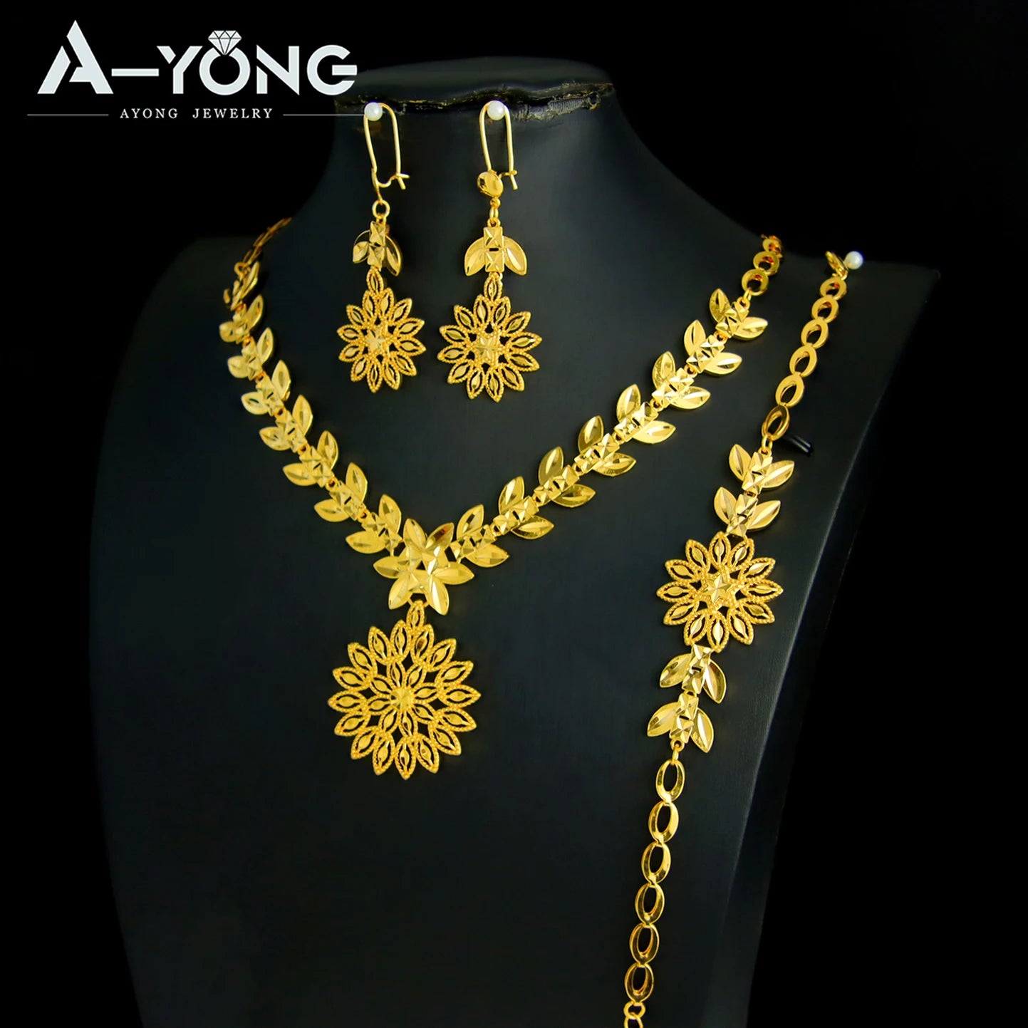 Dubai Wedding Gold Necklace Bracelet & Earrings Set