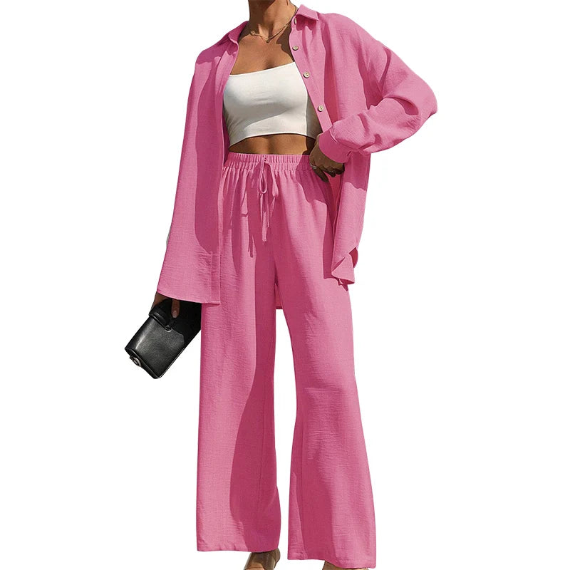 Button Shirt & Wide Leg Pants Two-Piece Set