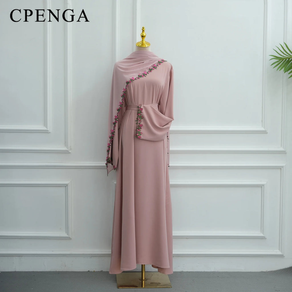 Rose Floral Trim Dubai Abaya with Hijab