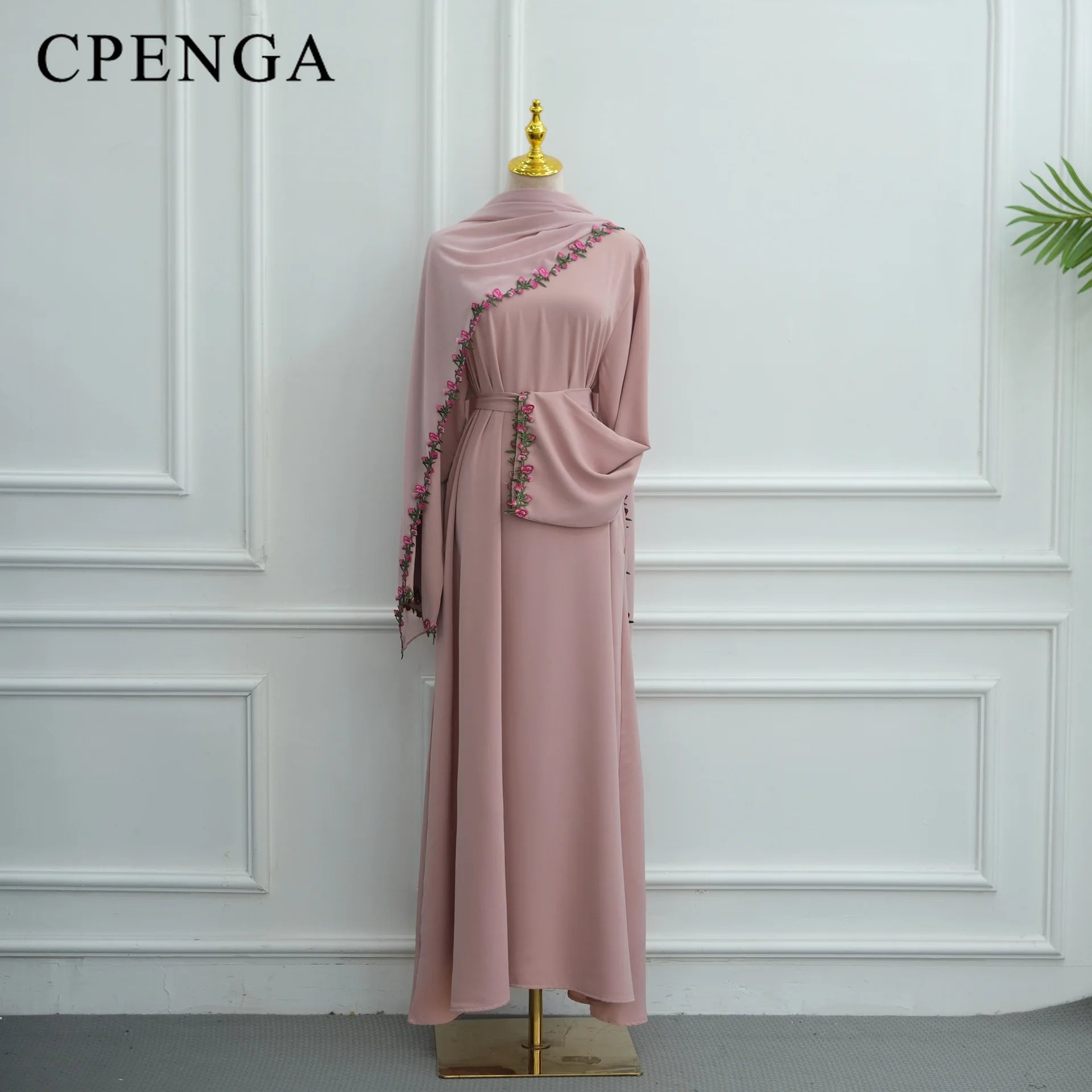 Rose Floral Trim Dubai Abaya with Hijab
