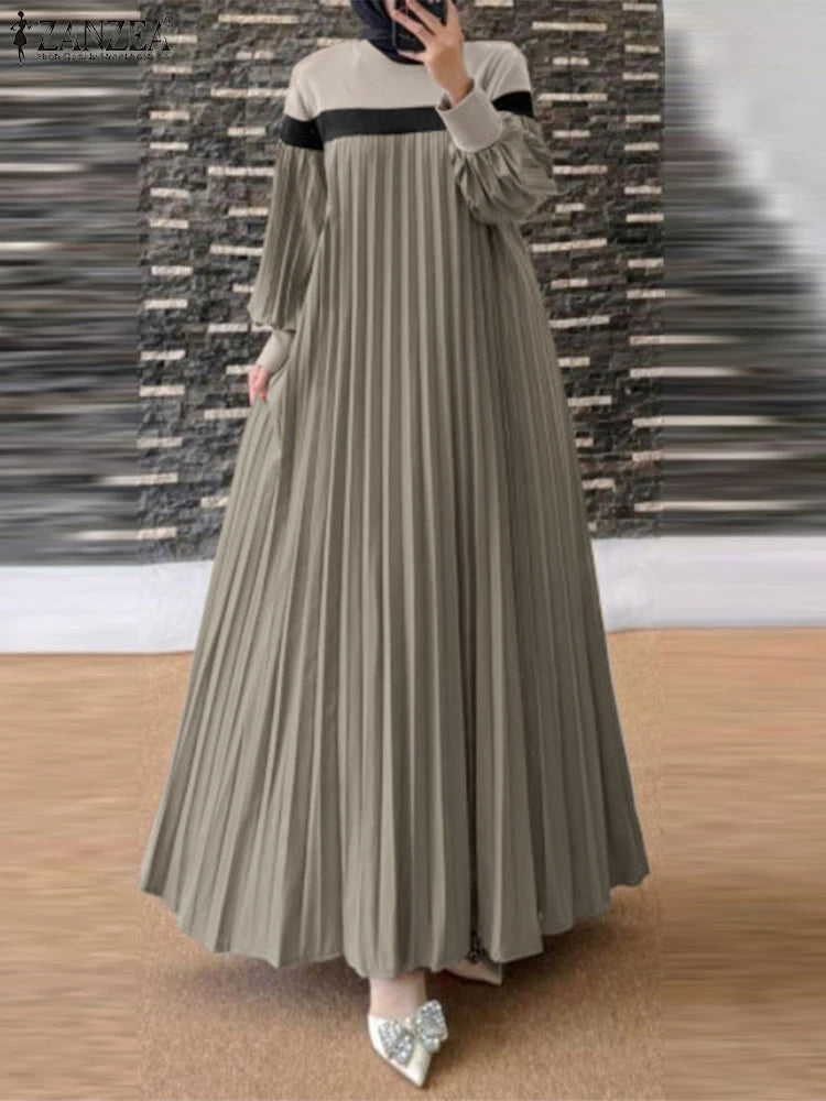Lantern Sleeve Patchwork Pleated Abaya Maxi Dress