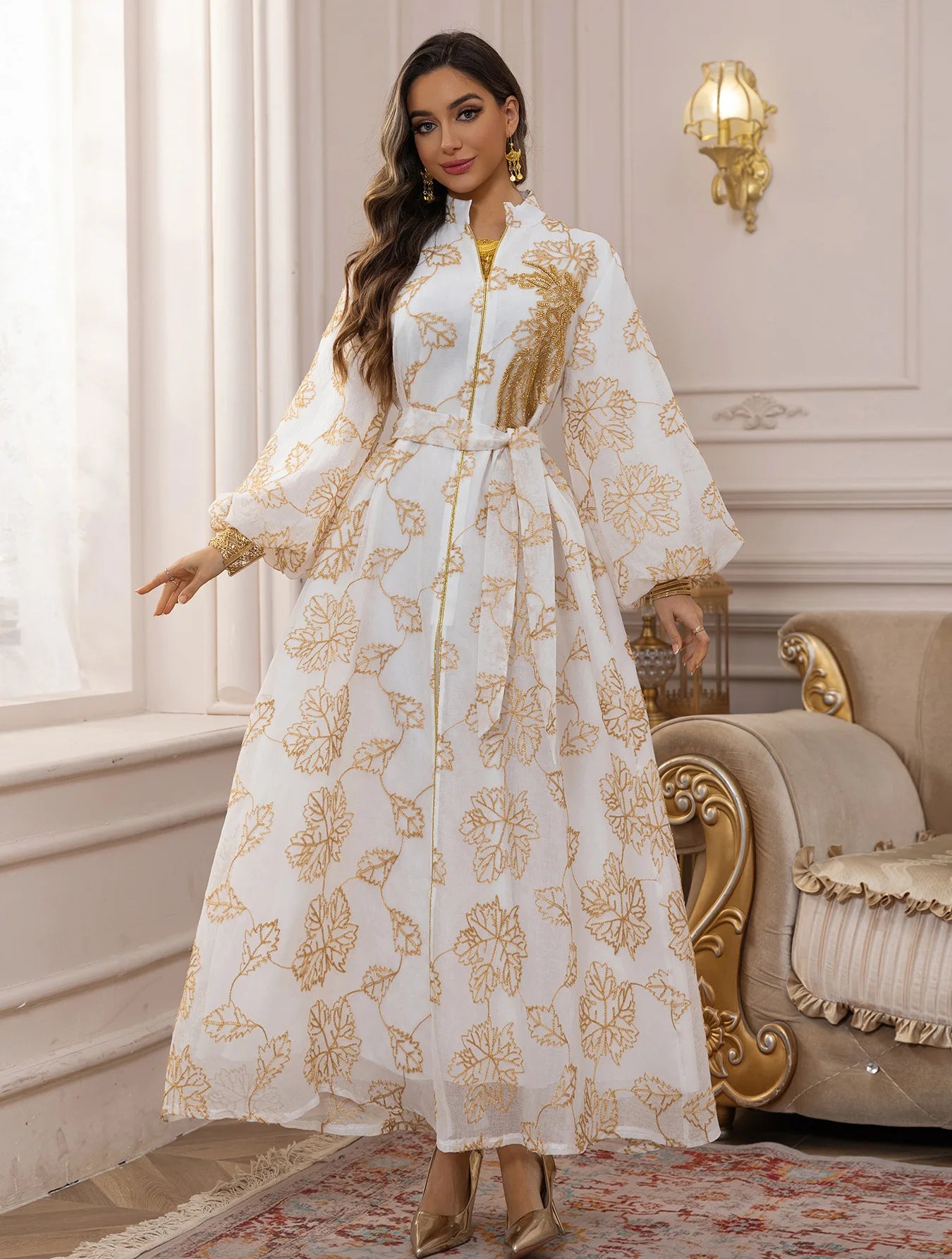 White Gold Floral Embroidered Belted Abaya