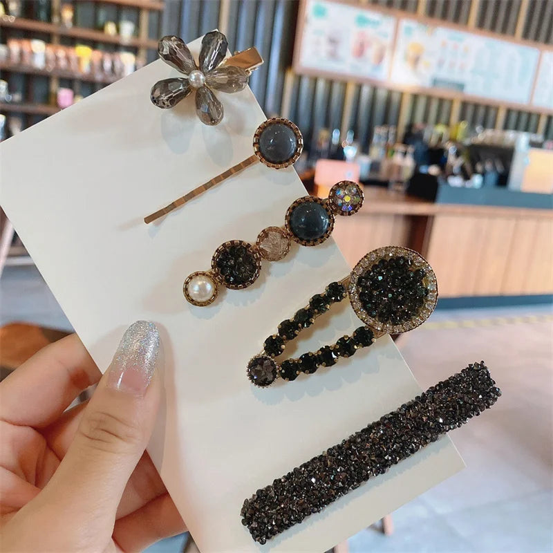 Handmade Pearl & Rhinestone Flower Hair Clips Set