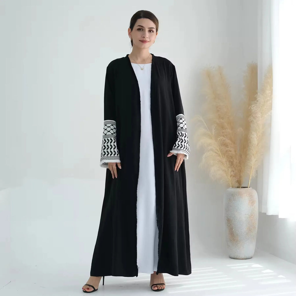 Black & White Embroidery Tassel Kimono Abaya