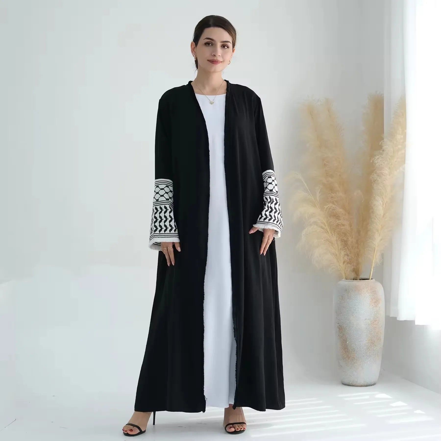 Black & White Embroidery Tassel Kimono Abaya