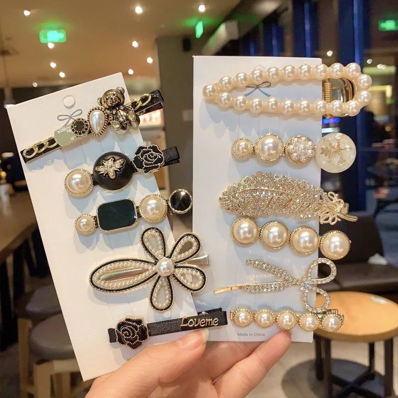 Handmade Pearl & Rhinestone Flower Hair Clips Set