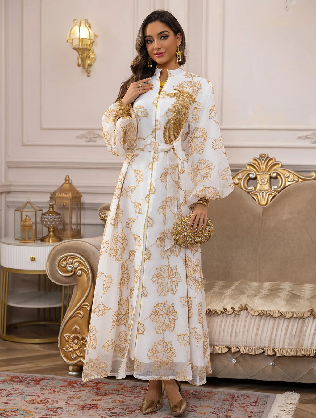White Gold Floral Embroidered Belted Abaya