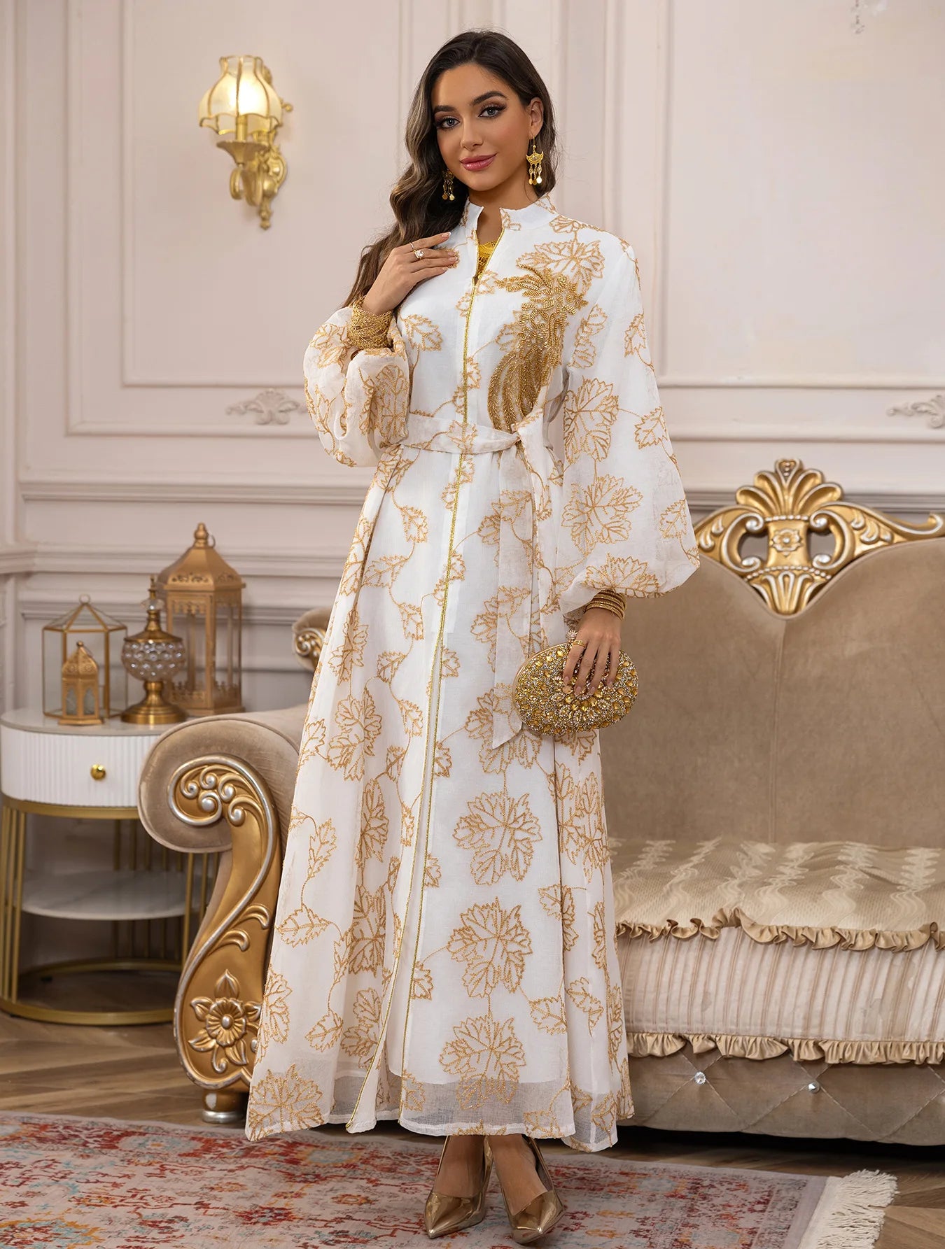 White Gold Floral Embroidered Belted Abaya