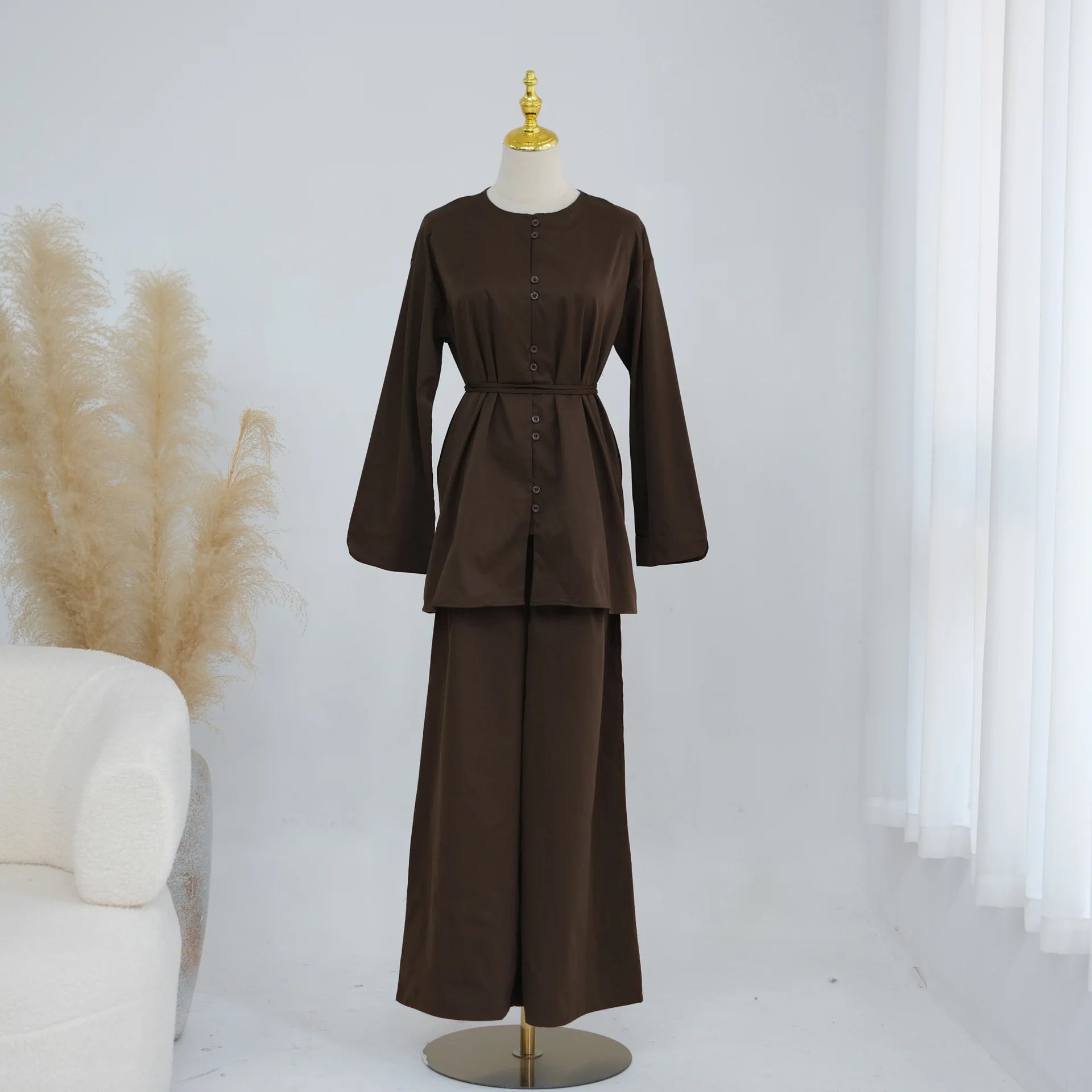 New Elegant Women Buttons Tops and Pants Muslim Set Dubai Abaya Kaftan Islam Clothing Modest Tracksuit Femme Musulmane Ensembles