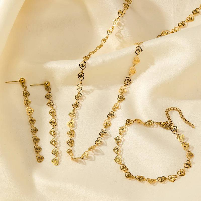 Gold Heart Necklace Bracelet & Earrings Set