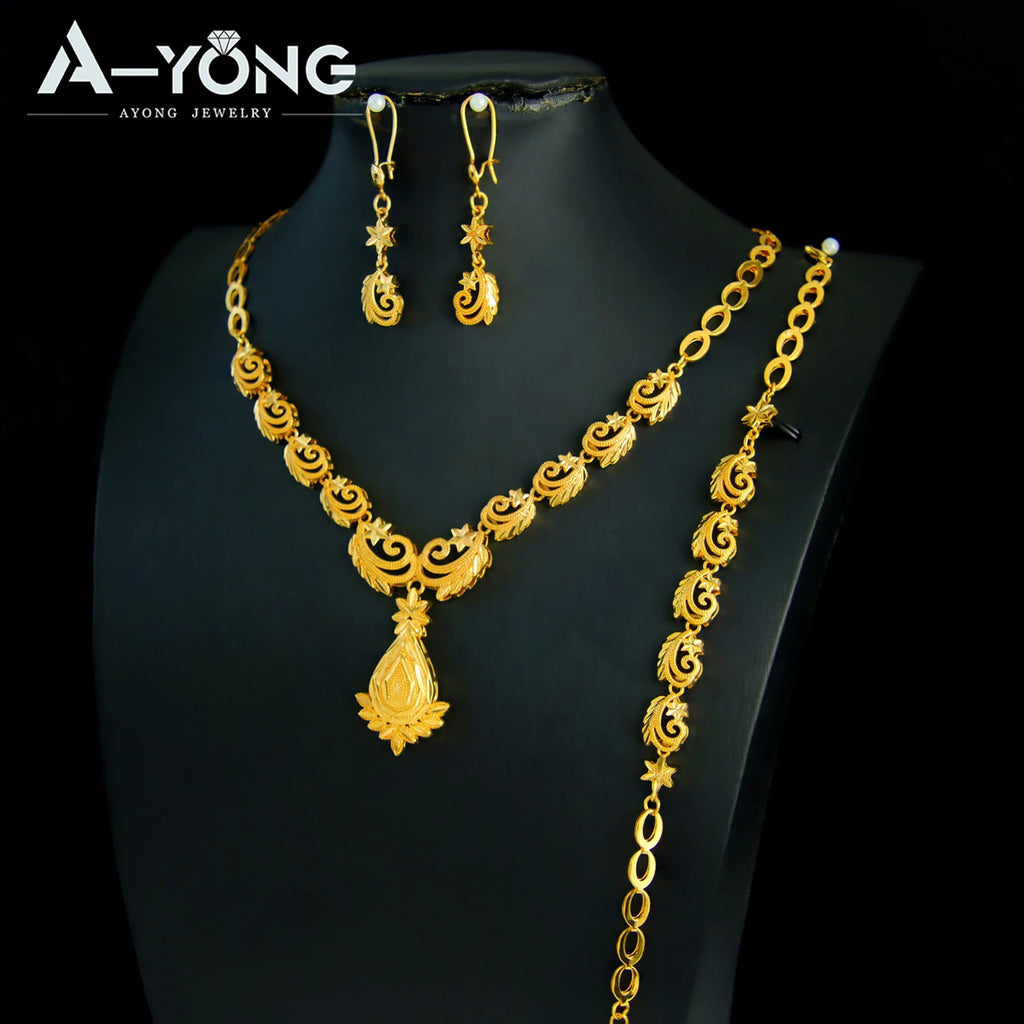 Dubai Wedding Gold Necklace Bracelet & Earrings Set