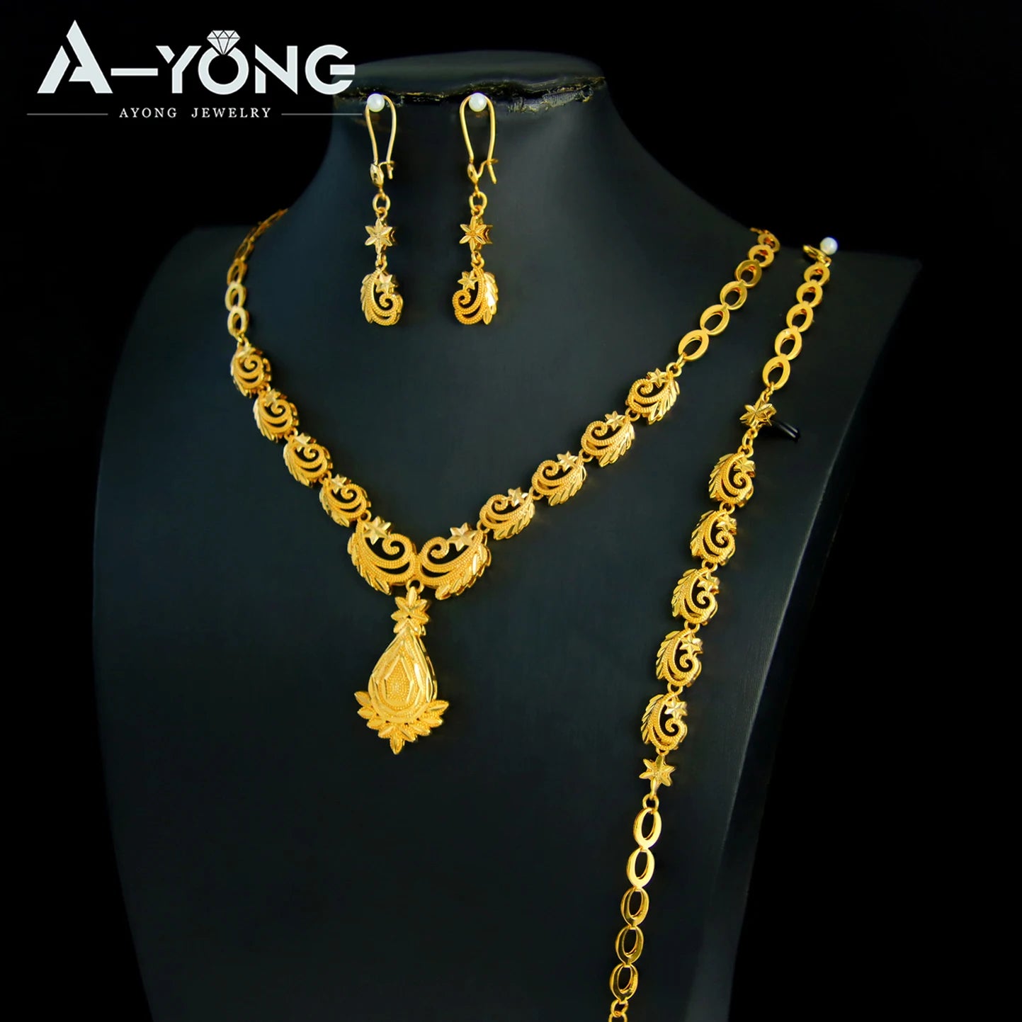 Dubai Wedding Gold Necklace Bracelet & Earrings Set