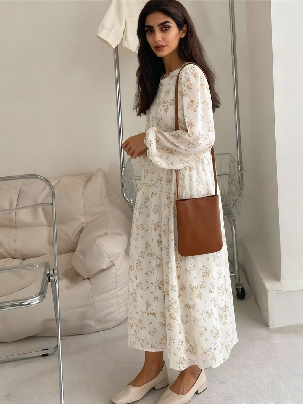 Floral Printed Long-Sleeve Loose Arabic Dress