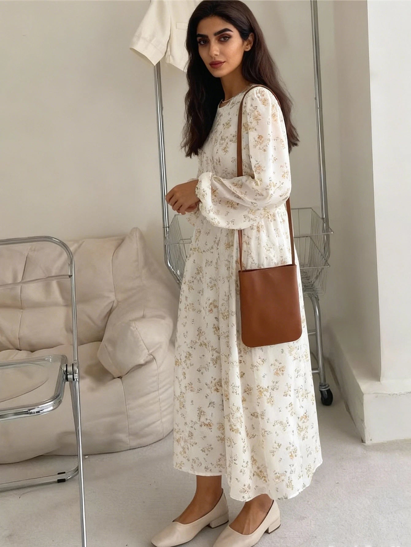 Floral Printed Long-Sleeve Loose Arabic Dress
