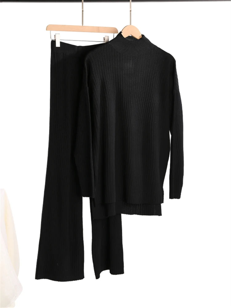 Women's Knit 2-Piece Set – High-Waist Wide-Leg Pants
