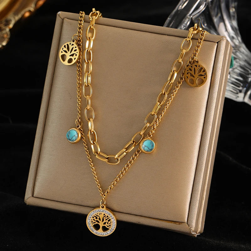 Green Stone Multilayer Pendant Necklace