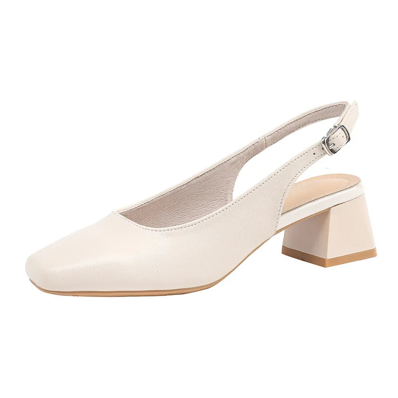 2025 New Mid Thick Heel High Heels Women's Shoes French Baotou Shallow Mouth Sandals Women's Summer Large Coarse Heeled Sandals
