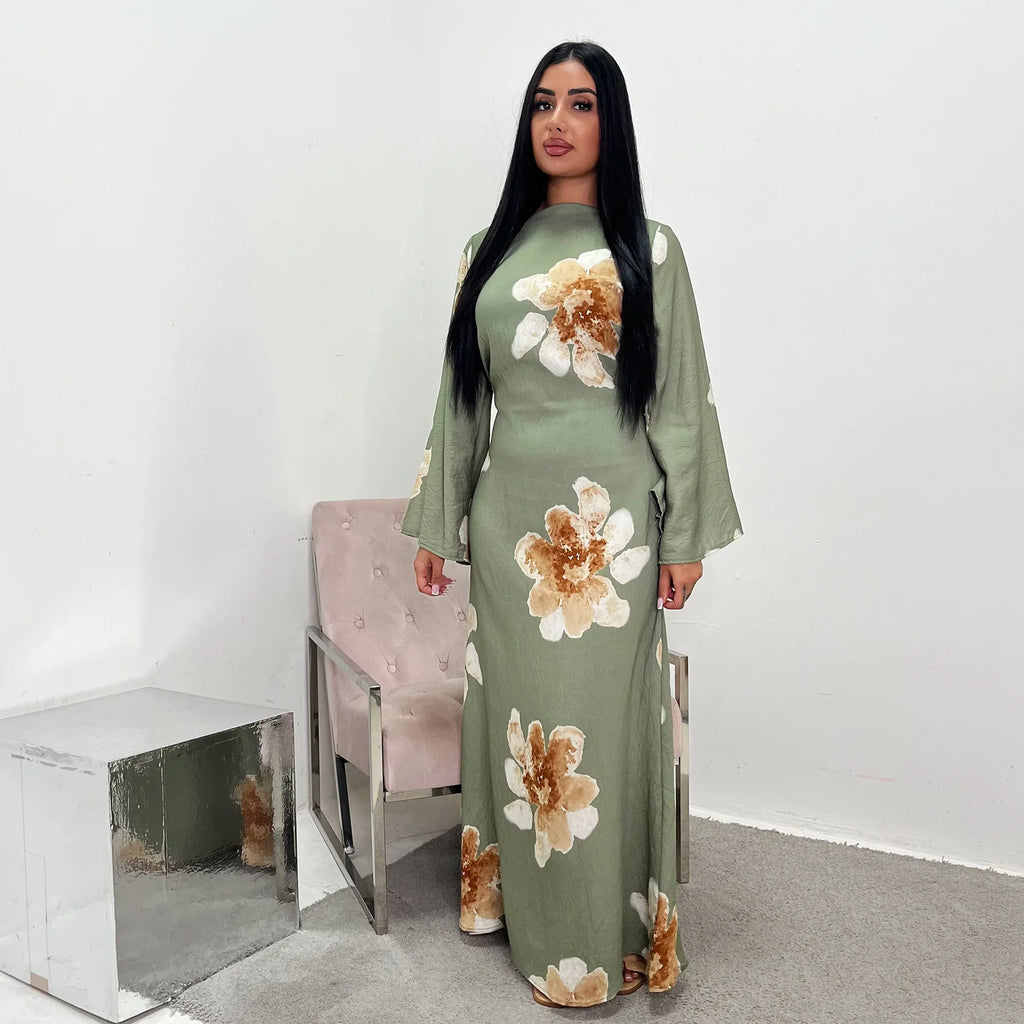Arabesque Bell Sleeve Floral Print Maxi Abaya Dress