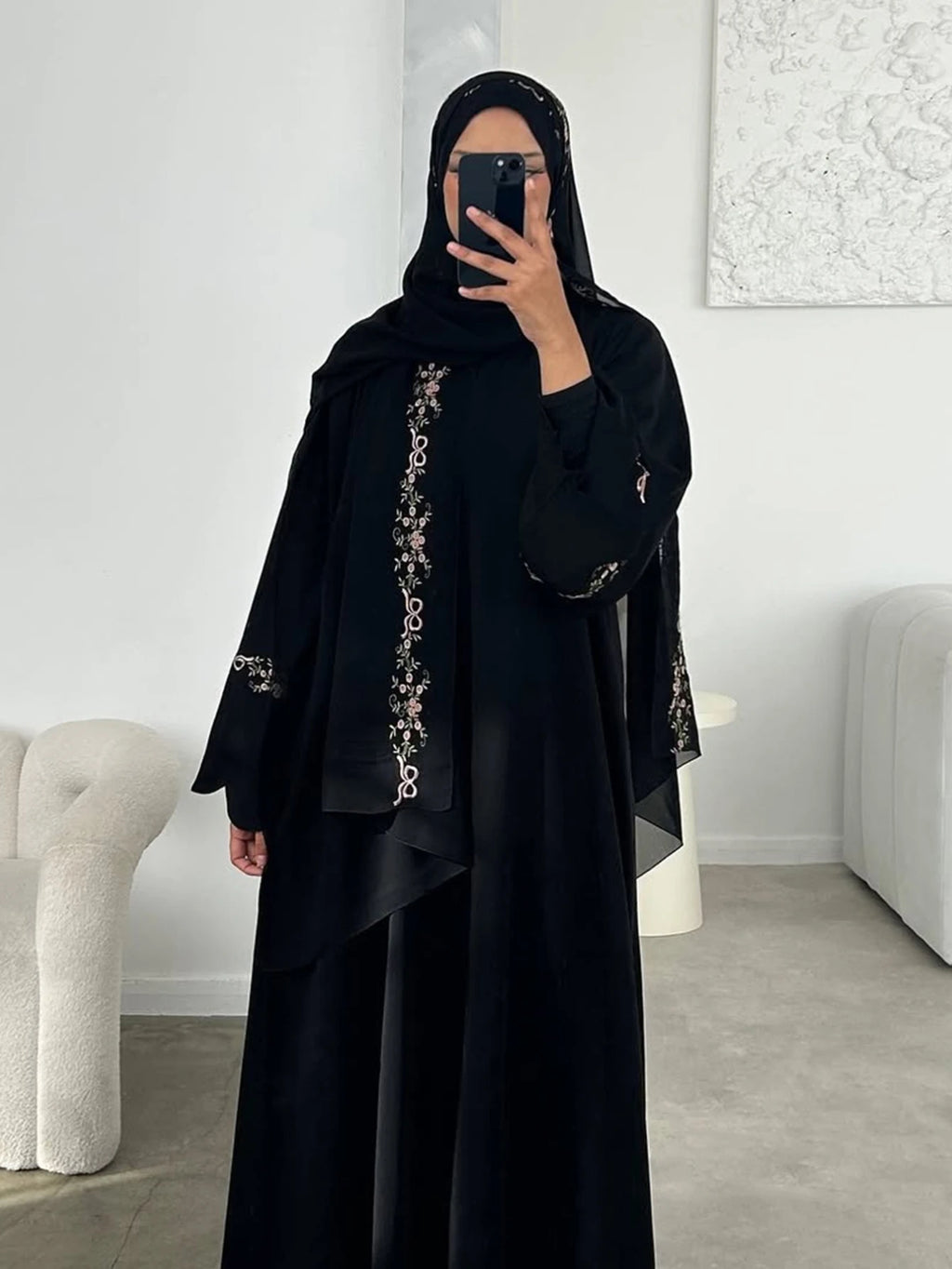Embroidery Open Cardigan Abaya Dress