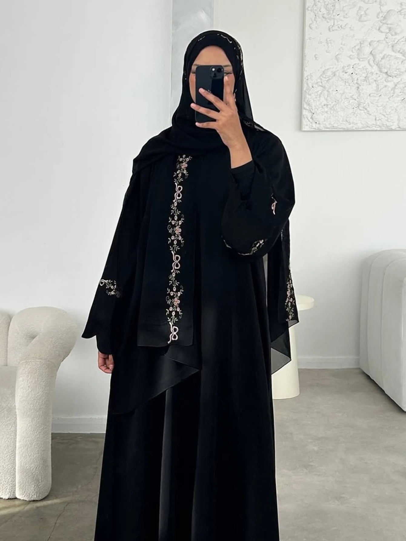 Embroidery Open Cardigan Abaya Dress