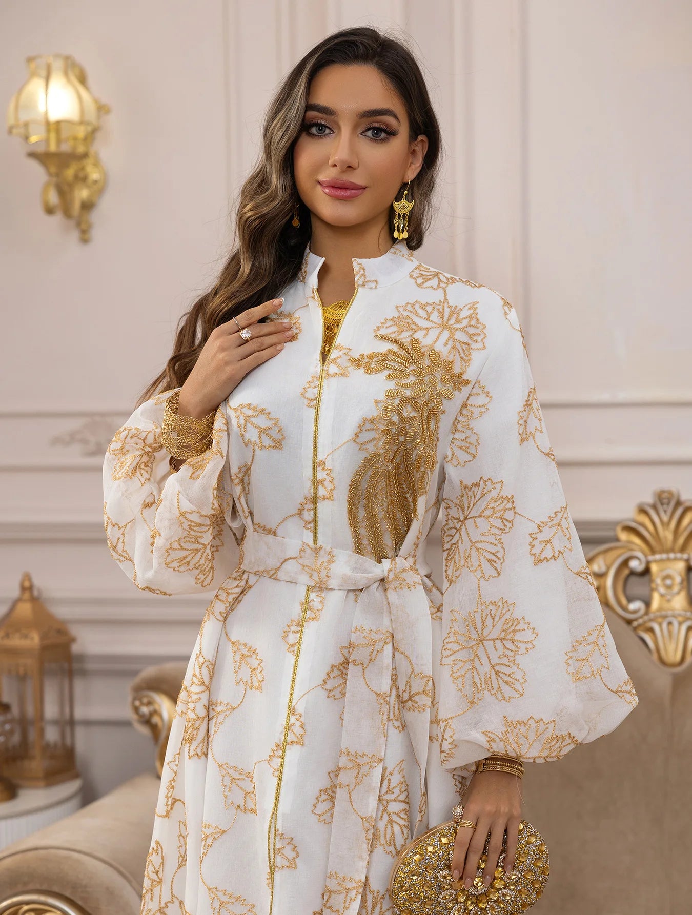 White Gold Floral Embroidered Belted Abaya
