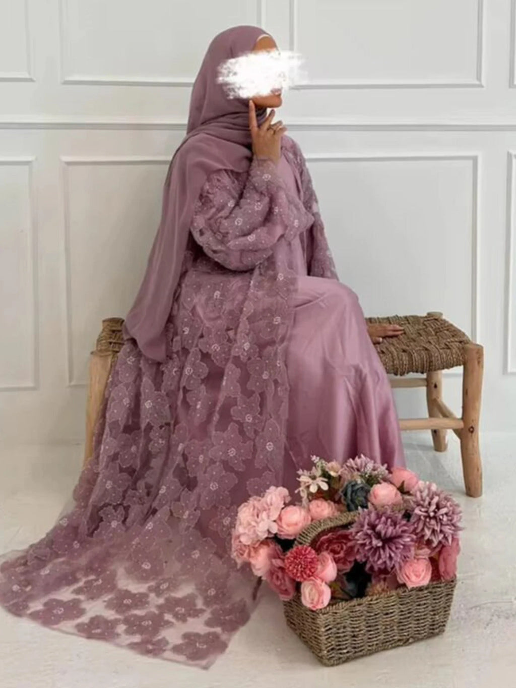 Beading Flower Cardigan Abaya Dress