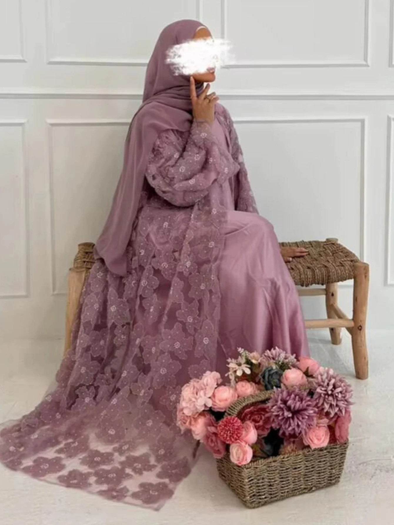 Beading Flower Cardigan Abaya Dress