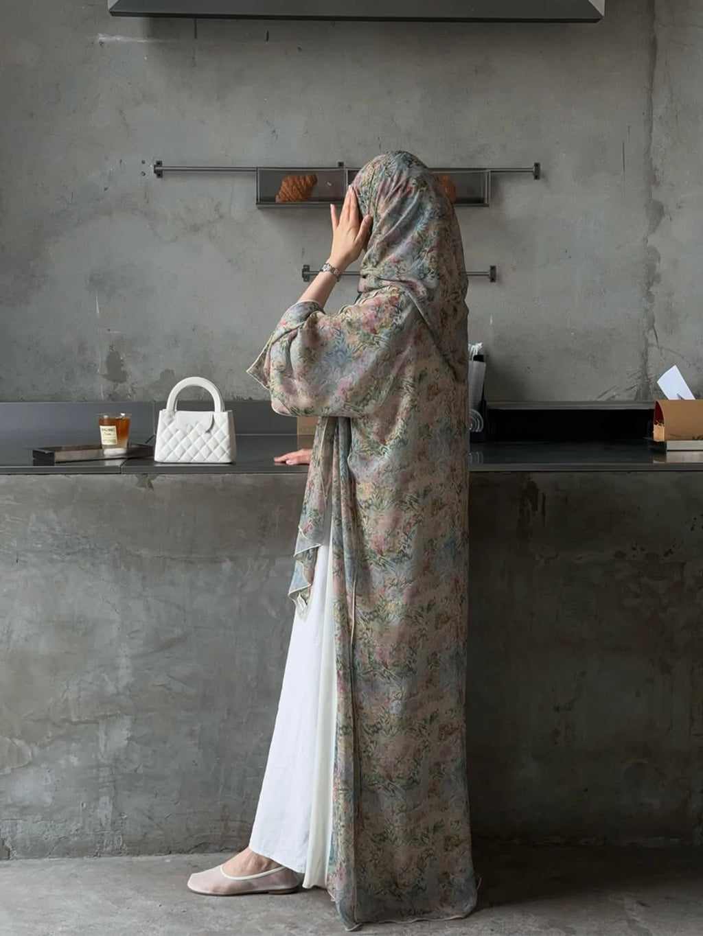 Floral Print Cardigan Abaya with Headscarf